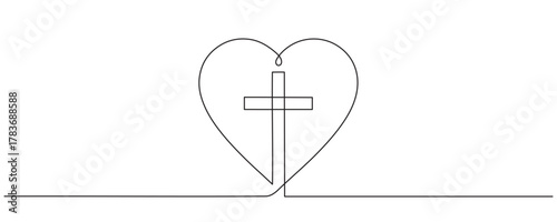Christian church symbol logo in continuous line drawing style. Line art of a heart with Christian cross. One Continuous line drawing cross of Christ and heart. Editable stroke.