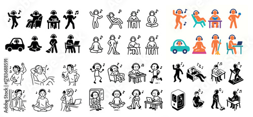 Diverse cartoon characters listening to music activities