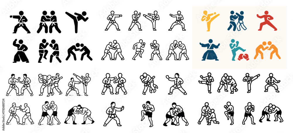 Naklejka premium Martial arts icons and poses in various styles