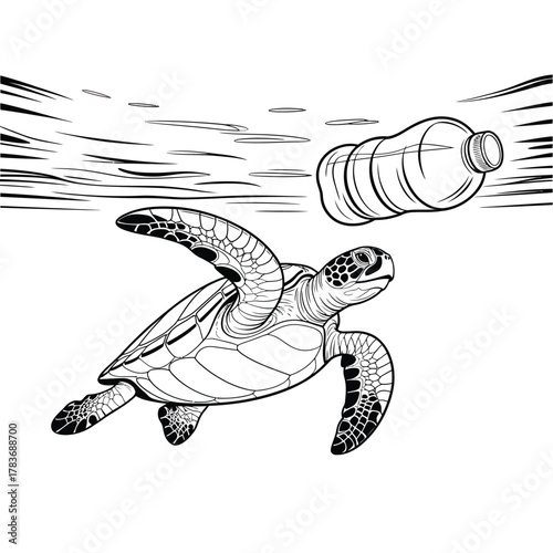 Sea turtle swims near plastic bottle pollution underwater