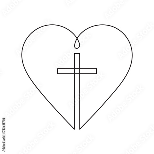 Christian church symbol logo in continuous line drawing style. Line art of a heart with Christian cross. One Continuous line drawing cross of Christ and heart. Editable stroke.