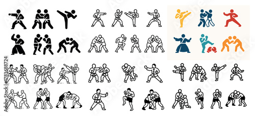 Martial arts icons and poses in various styles