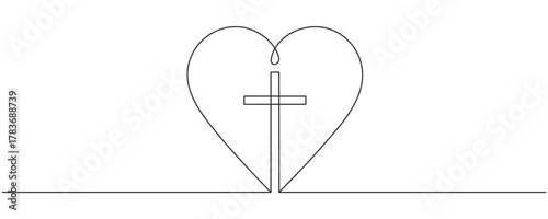 Christian church symbol logo in continuous line drawing style. Line art of a heart with Christian cross. One Continuous line drawing cross of Christ and heart. Editable stroke.