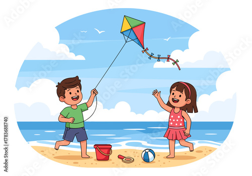 Happy children playing with a colorful kite on the sunny beach during summer vacation