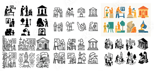 Art class and gallery visitors in various styles