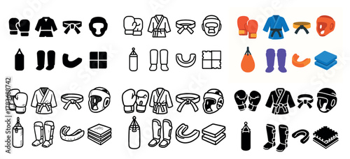 Martial arts gear icons collection in various styles