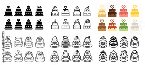 Variety of cake designs: line and color illustrations
