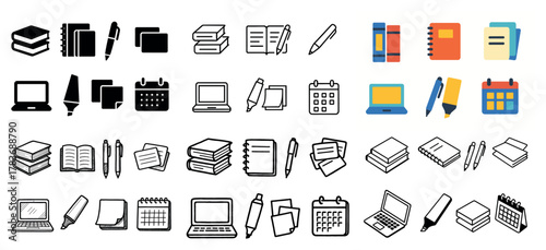 Icons of books, pens, laptops, and calendars