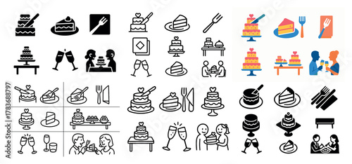Cake and dining icons in various styles