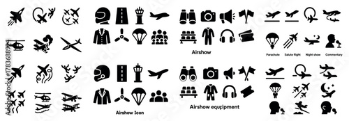 Airshow icons: pilots, parachutes, aircraft, helicopters