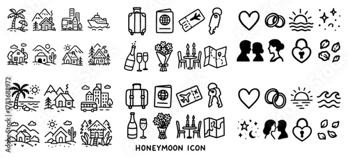 Honeymoon travel icons collection set