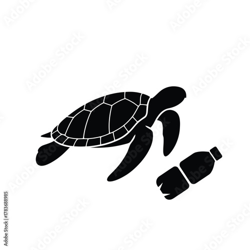 Sea turtle silhouette swimming next to plastic bottle