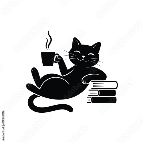 Black cat relaxing with coffee and books illustration
