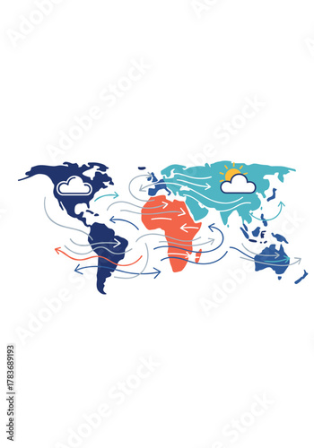 World map illustrating global weather patterns and climate zones with arrows indicating wind direction.