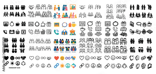 Diverse friendship and teamwork icons set