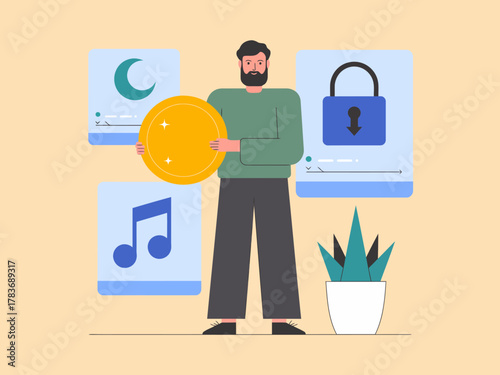 A modern illustration of a man holding a gold coin surrounded by symbolic elements representing various aspects of life, including security, creativity, and culture.