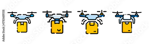 Set of four drone delivery icons with packages in pixel art