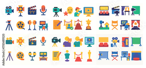 Colorful film and media icon set collection