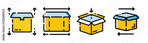 Collection of four stylized cardboard box icons, isometric view