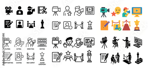 Film industry icons: filming, editing, awards