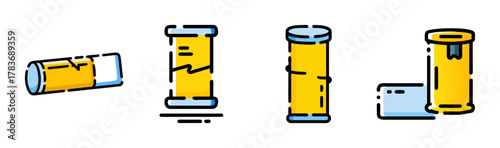 Collection of cylindrical objects with blue caps and yellow bodies