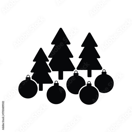 Simple black silhouette of christmas trees and ornaments