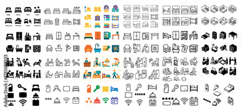 Diverse hotel icons set for hospitality and travel