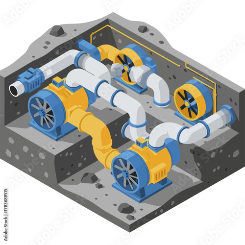 Industrial Pumping Station with Multiple Pumps and Pipes.