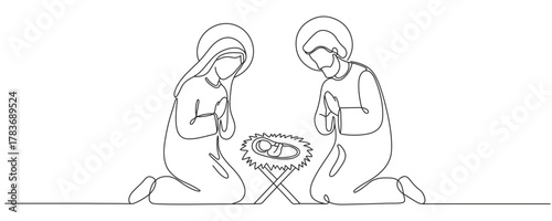 Continuous one line Christmas vector Christian nativity scene of baby Jesus with Mary and Joseph. Bethlehem scene. Editable line