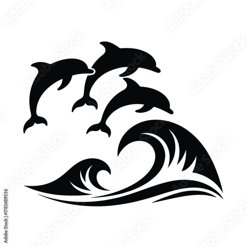 Three black dolphins leaping over stylized ocean waves