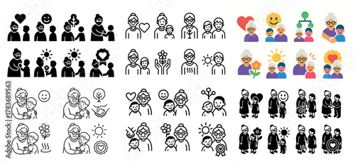Elderly care icons: family, love, support, smiles