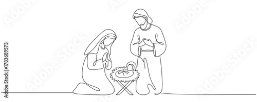 Continuous one line Christmas vector Christian nativity scene of baby Jesus with Mary and Joseph. Bethlehem scene. Editable line