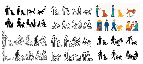 Dog training illustrations with diverse techniques