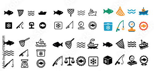 Fishing icon set: nets, boats, fish, hooks, lines