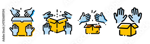 Unpacking and packing cargo boxes with hands icons set