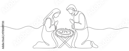 Continuous one line Christmas vector Christian nativity scene of baby Jesus with Mary and Joseph. Bethlehem scene. Editable line