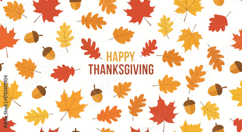 Happy thanksgiving text surrounded by a pattern of colorful autumn leaves and acorns on a white background