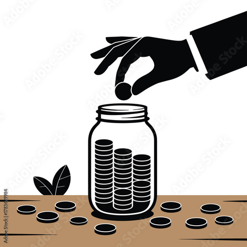 Hand dropping coin into jar symbolizing savings and investment growth