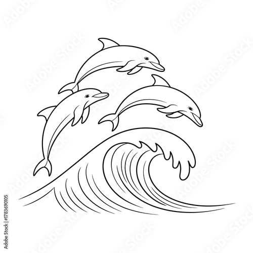 Three playful dolphins leaping over a crashing ocean wave