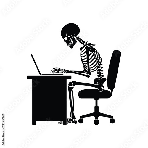 Skeleton hunched over a laptop at a desk illustrating poor posture