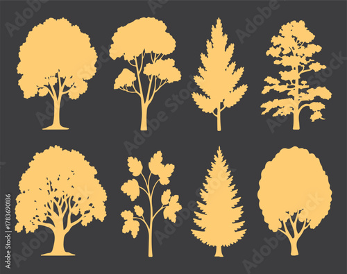 Diverse tree silhouettes vector set for design and nature themes