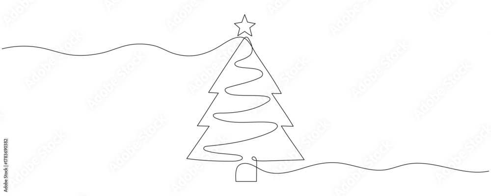 Obraz premium Christmas tree, one line drawing. Vector illustration on a white background. Editable stroke