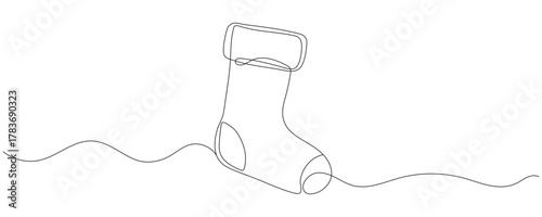 Christmas stocking for gifts, one line. Vector illustration, hand drawn, isolated on white background. Editable stroke