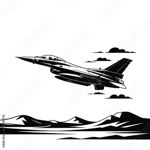 Modern fighter jet flying over mountainous terrain