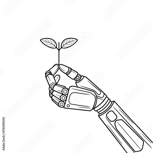 Robot hand holding a delicate green sprout symbolizing growth and future