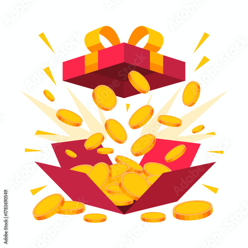 An exciting scene showing a gift box bursting open, releasing a shower of golden coins and sparks, conveying feelings of surprise, joy, and abundance.