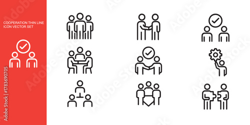 Successful business collaboration thin line icon set. Containing teamwork, cooperation, team working together, agreement, handshake, support, help, group people, partnership, organization. Vector