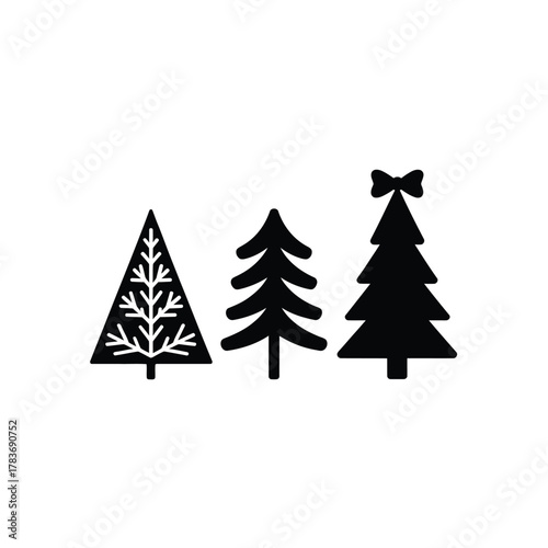 Three stylized black christmas trees on a white background