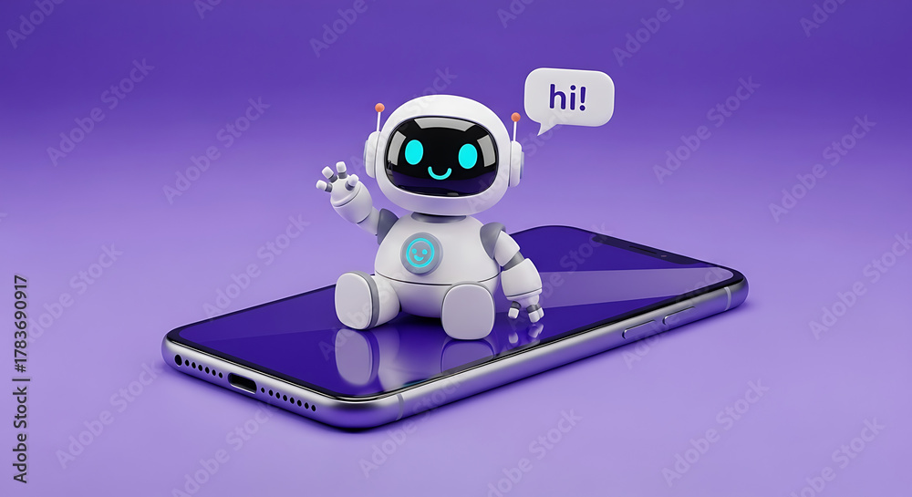 custom made wallpaper toronto digitalArtificial Intelligence Online Support Concept with Cute 3D Robot Smiling and Waving on Smartphone Showing Hi Chat Bubble on Purple Background