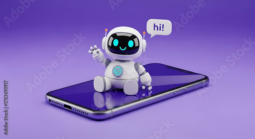 Wallpaper Mural Artificial Intelligence Online Support Concept with Cute 3D Robot Smiling and Waving on Smartphone Showing Hi Chat Bubble on Purple Background Torontodigital.ca